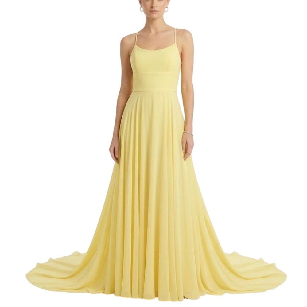 Avery G Yellow Evening Gown Chiffon Backless With Mini Train A-Line Dress Size 8